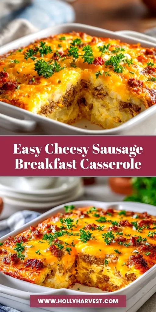 A delicious slice of sausage hash brown breakfast casserole on a white plate, showcasing layers of crispy hash browns, sausage, egg, and melted cheese. The perfect make-ahead breakfast idea.