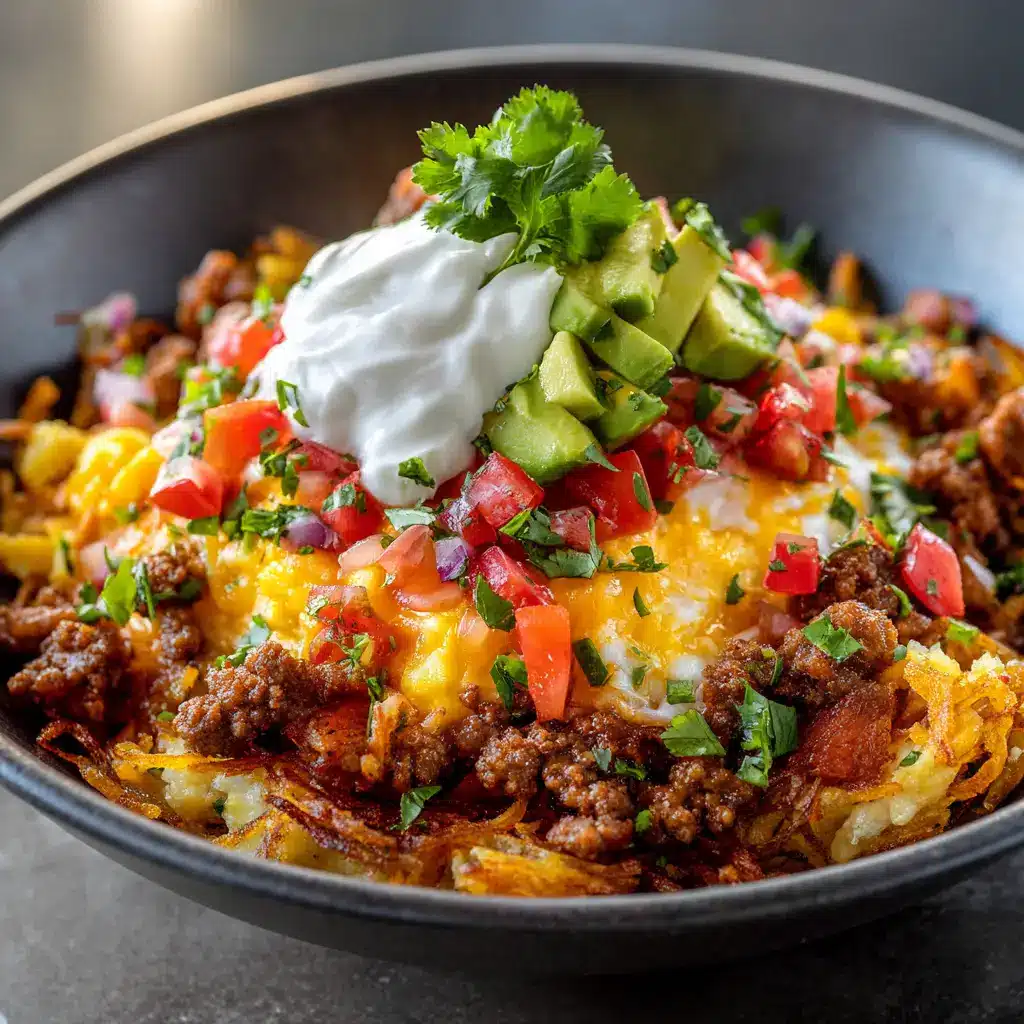 Hash Brown Breakfast Bowls: The Ultimate Customizable Recipe 2 A close-up shot of a savory breakfast bowl, showing the crispy texture of the golden hash brown base topped with perfectly scrambled eggs and sausage.