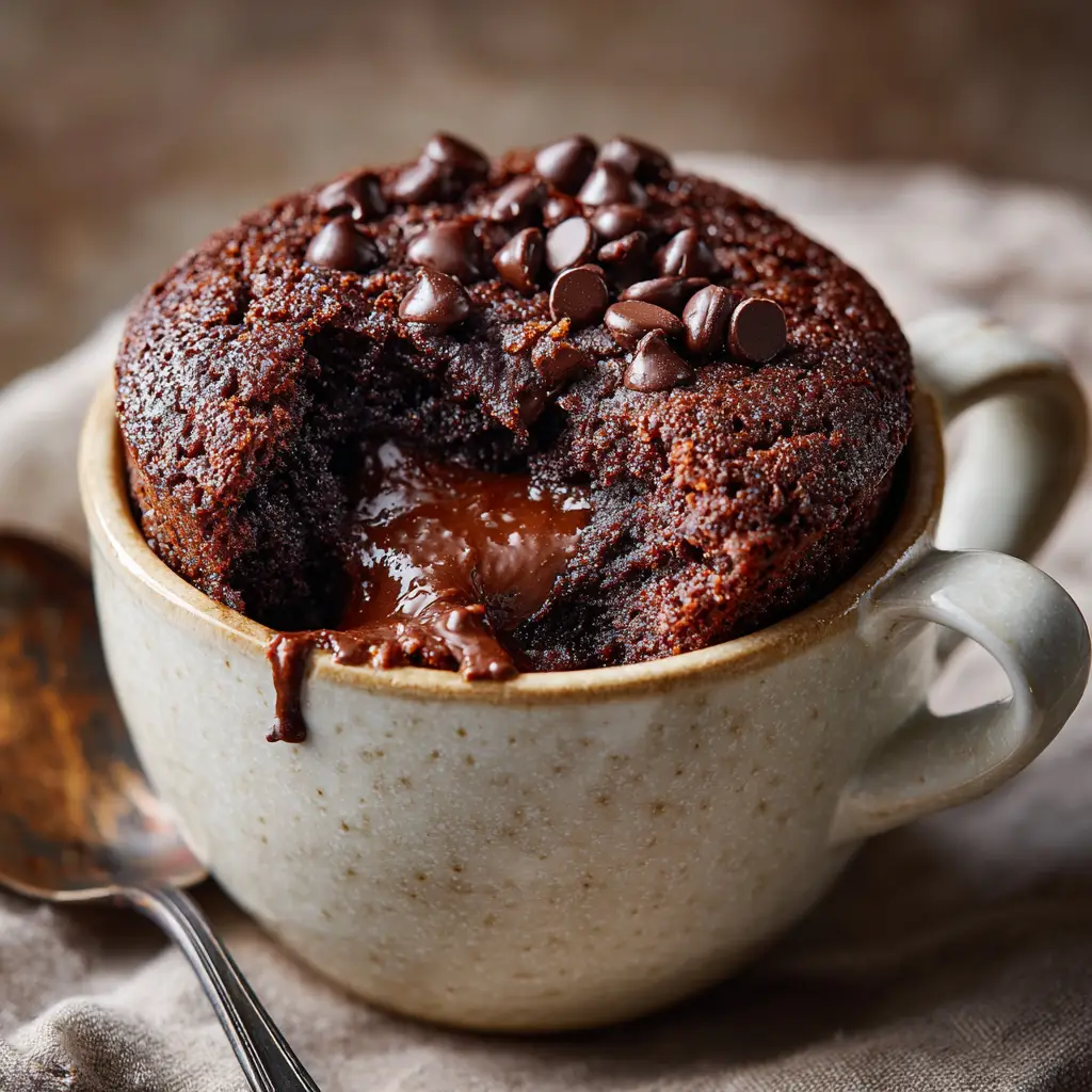 Chocolate Mug Cake: The Ultimate 3-Minute Fudgy Dessert 1 A spoonful of warm chocolate mug cake being lifted from the mug, with melted chocolate chips visible.