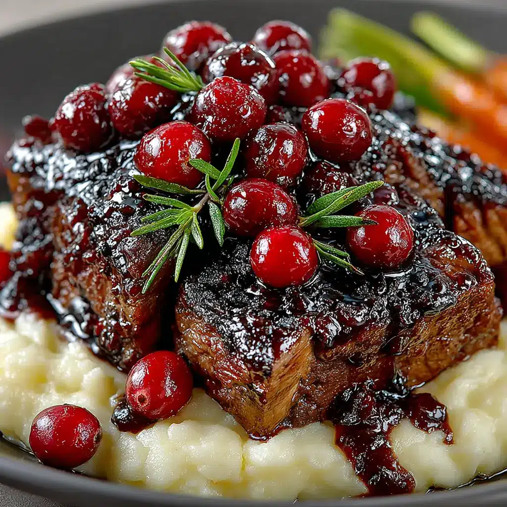 A perfectly sliced portion of Cranberry Balsamic Beef Roast on a plate, with the luscious sauce spooned over the top. The meat is visibly tender and juicy, ready to be eaten.