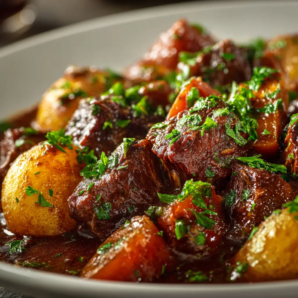 Crockpot Beef Stew: The Ultimate Comfort Food Recipe 1 A comforting bowl of Crockpot Beef Stew being served with a ladle, showcasing the thick, rich gravy and tender chunks of beef and potatoes.