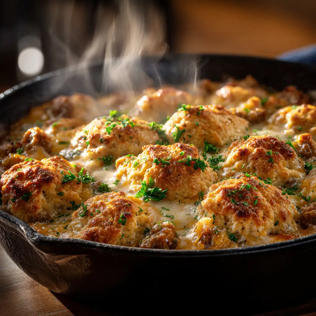 A spatula lifting a serving of the hashbrown egg bake from the casserole dish, revealing the fluffy egg and sausage layers.