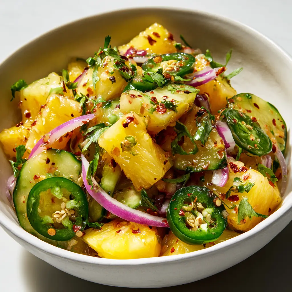 Pineapple Cucumber Salad: The Ultimate Refreshing Side 1 A side view of a serving of the refreshing pineapple salad in a small bowl, showcasing the vibrant colors and fresh ingredients.