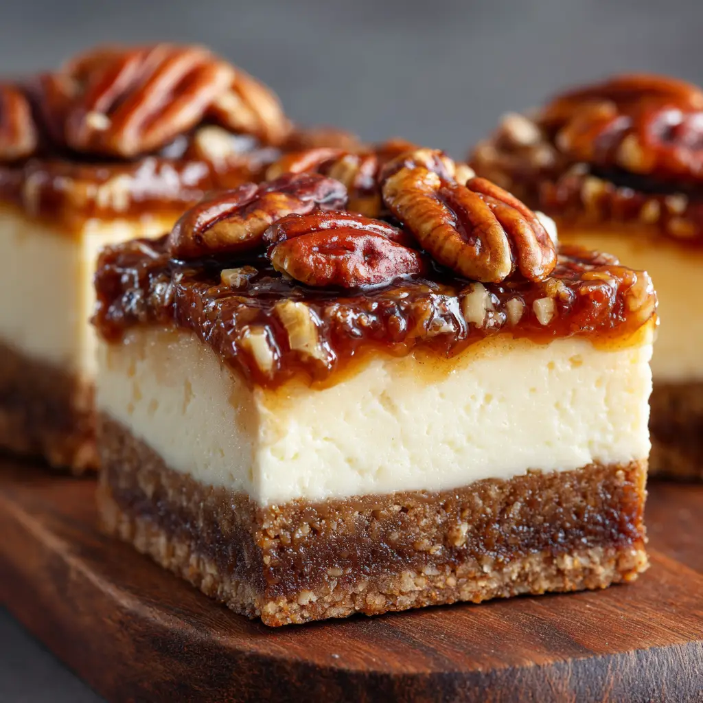 A pecan pie cheesecake bar being lifted from a baking pan with a spatula, showing the clean slice and the buttery shortbread crust.