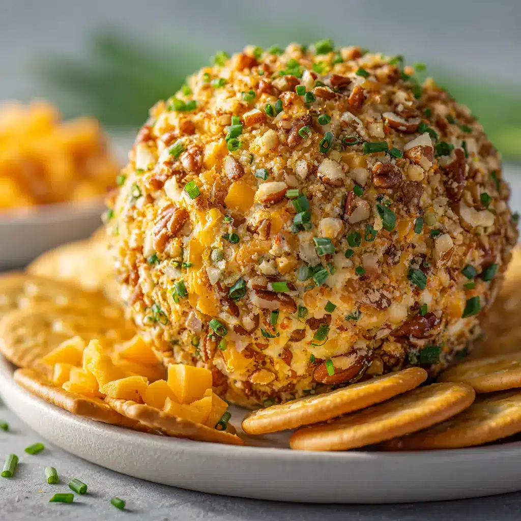 A Pineapple Pecan Cheese Ball being served, with a knife spreading some of the appetizer onto a buttery cracker.