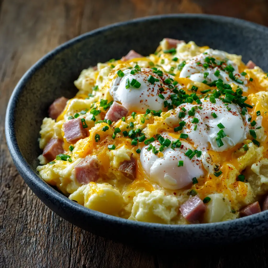 A spoonful of the Cheesy Potato Egg Scramble being lifted from a skillet, showcasing the delicious combination of ingredients in this one-pan breakfast.