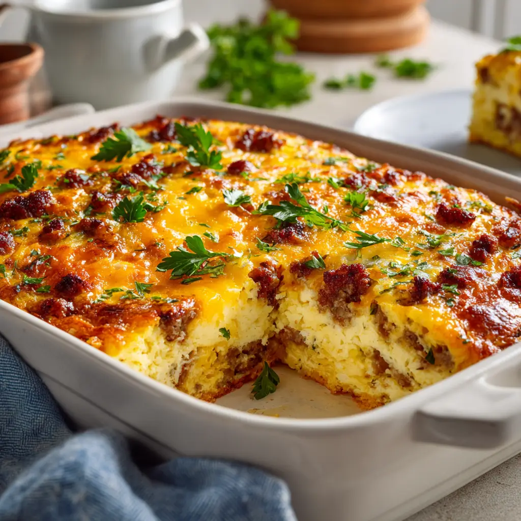 A spatula lifting a slice of the easy breakfast casserole from the baking dish, revealing the distinct layers of hash browns, sausage, and cheesy eggs.