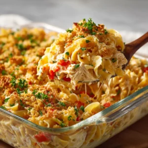 A close-up scoop of creamy chicken noodle casserole on a spatula, showcasing the tender chicken, noodles, and cheesy sauce.