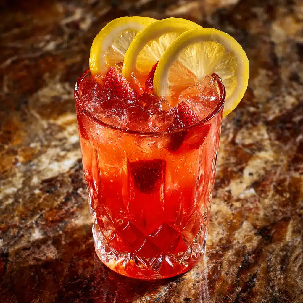 A finished glass of homemade strawberry vodka lemonade cocktail being poured from a shaker, showing its bright pink color.