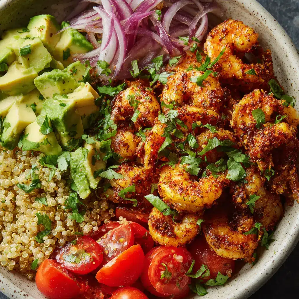 A close-up view of the assembled healthy shrimp bowl, showing the creamy avocado chunks and zesty dressing drizzled on top.