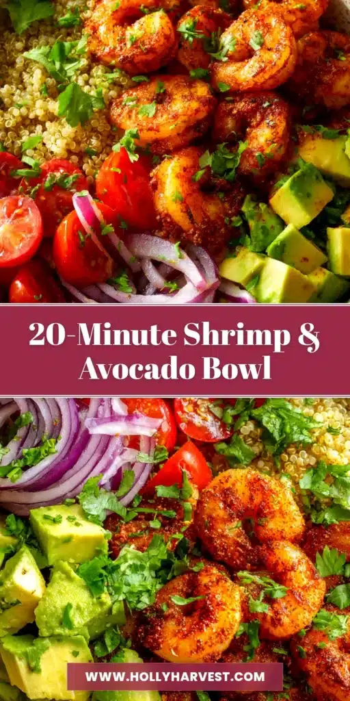 A delicious and healthy Shrimp and Avocado Bowl, beautifully presented and ready to be pinned. The bowl features juicy shrimp, creamy avocado, and a vibrant cilantro-lime dressing.