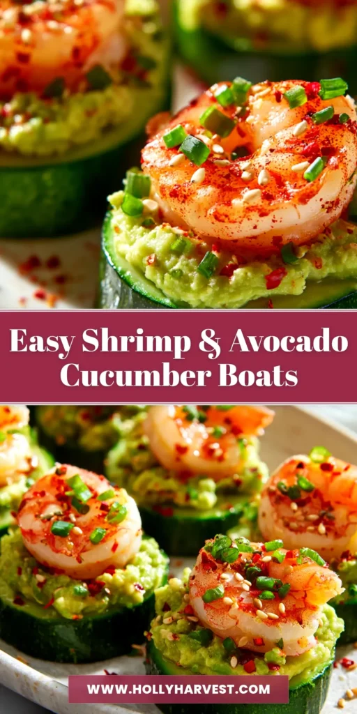 A platter of delicious Shrimp Avocado Cucumber Boats, a healthy and easy appetizer perfect for parties. The cucumbers are filled with a creamy avocado and shrimp salad.