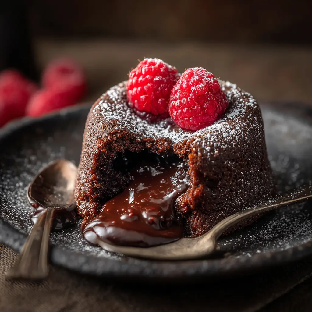 A simple lava cake with its molten chocolate center oozing out onto the plate after being cut with a fork.
