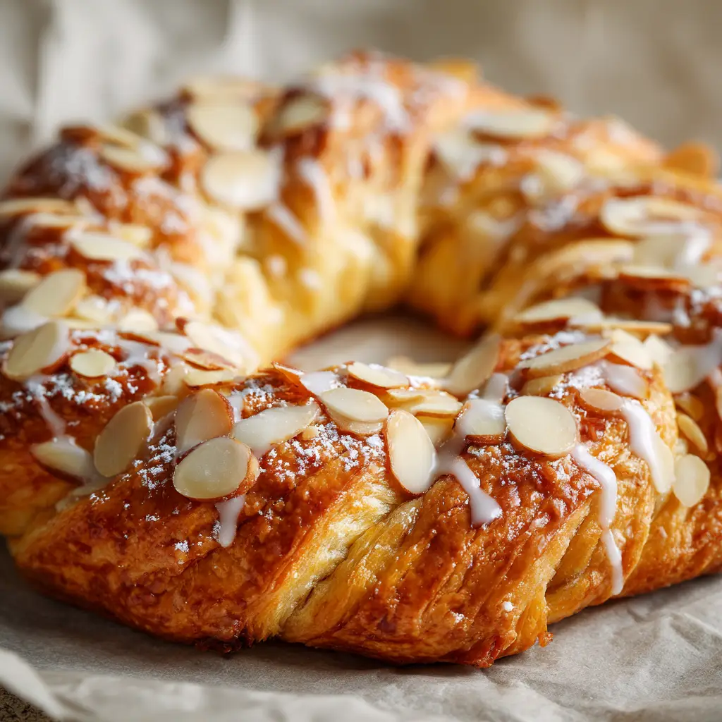 A slice of homemade Almond Kringle showing the flaky layers of pastry and the rich almond filling.