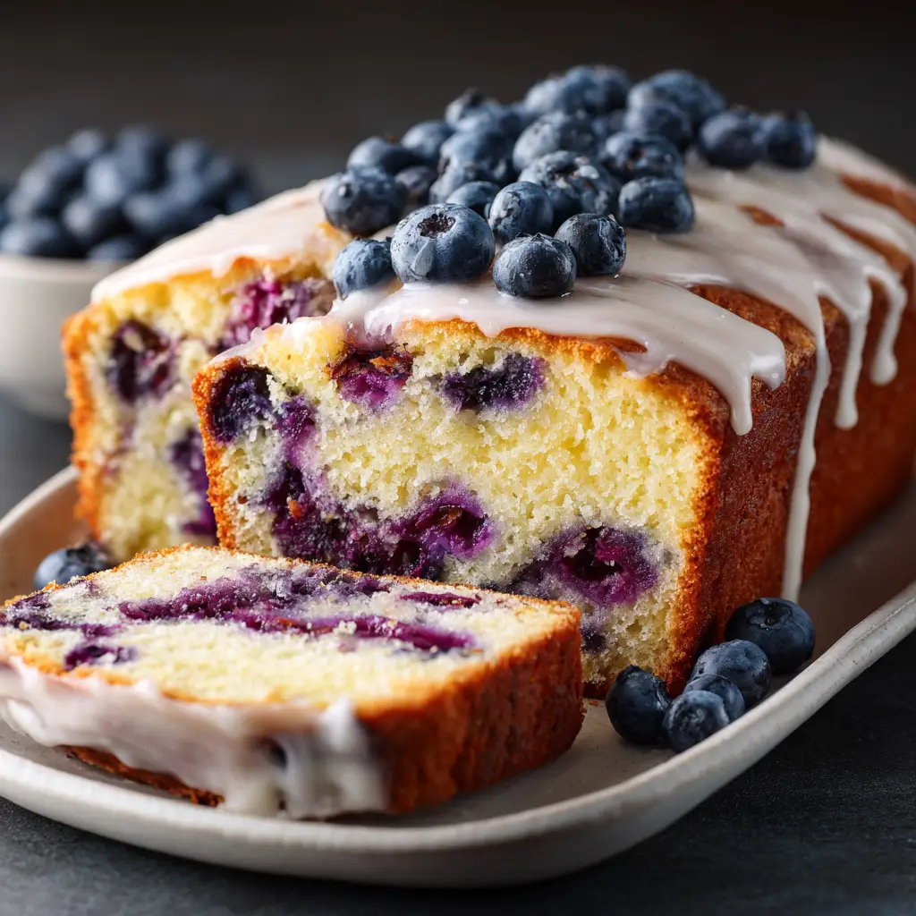 Blueberry Cream Cheese Bread (The Easiest, Moistest Recipe!) 1 Slices of blueberry loaf with cream cheese filling arranged on a serving platter, ready for brunch.