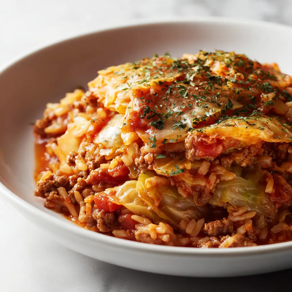 Another perspective of the slow cooker cabbage roll casserole, highlighting the rich tomato sauce and ingredients.