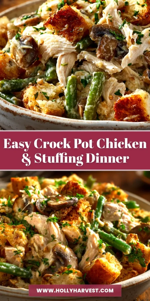 Slow Cooker Chicken and Stuffing: The Easiest Comfort Meal 3 An overhead shot of Slow Cooker Chicken and Stuffing in a white bowl, showing tender chicken, savory stuffing, and a creamy sauce, ready to be served.