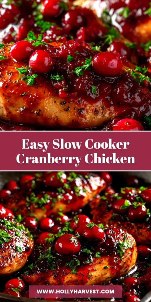 Slow Cooker Cranberry Chicken: The Easiest Holiday Dish 4 A top-down view of delicious Slow Cooker Cranberry Chicken in a white serving dish, garnished with fresh parsley. The perfect easy holiday meal.