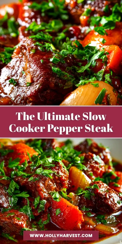 Slow Cooker Pepper Steak: The Ultimate Tender Beef Recipe 3 An overhead shot of Slow Cooker Pepper Steak served in a white bowl over fluffy rice. The dish features tender beef strips, red and green bell peppers, and a rich, glossy sauce.
