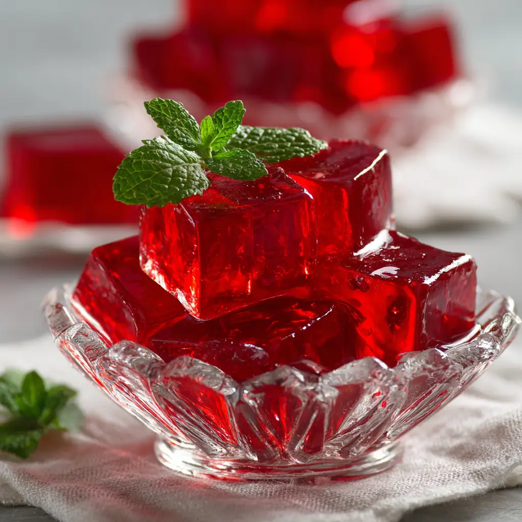 A spoonful of smooth, red gelatin being lifted from a bowl, highlighting its perfect, jiggly texture.
