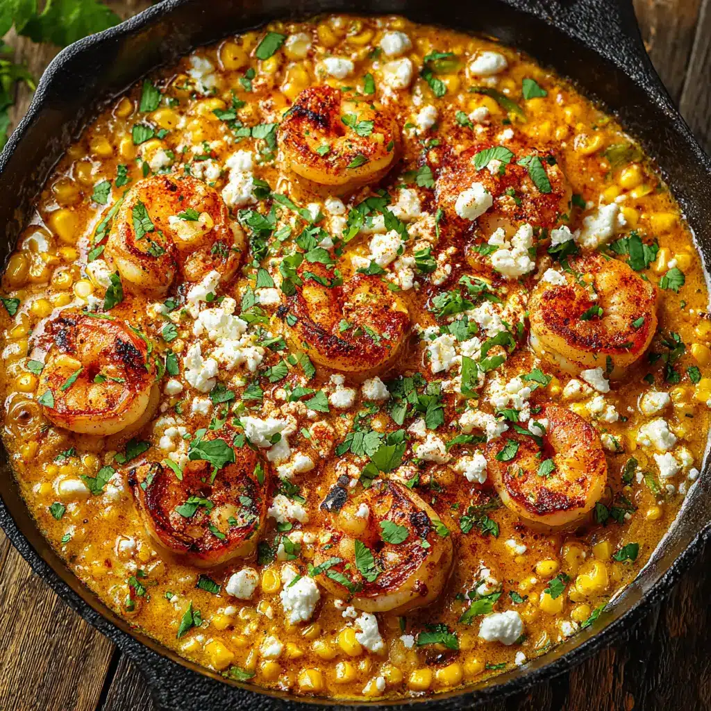 A spoonful of southern-style shrimp and corn being lifted from a skillet, highlighting the creamy texture of the dish.