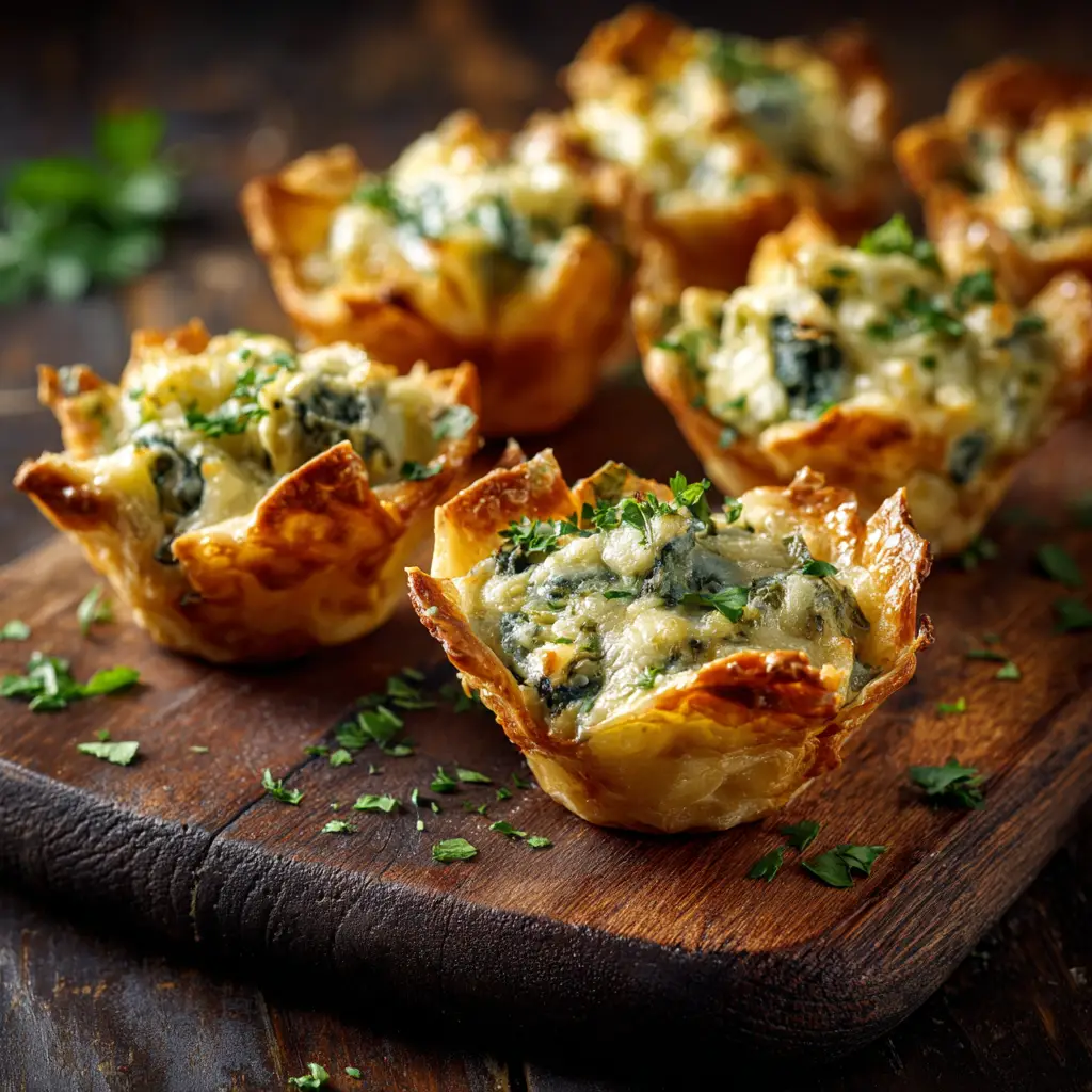 Spinach Artichoke Dip Bites: The Ultimate Cheesy Appetizer 1 A shot of multiple spinach artichoke dip appetizers arranged on a serving dish, ready for a party.