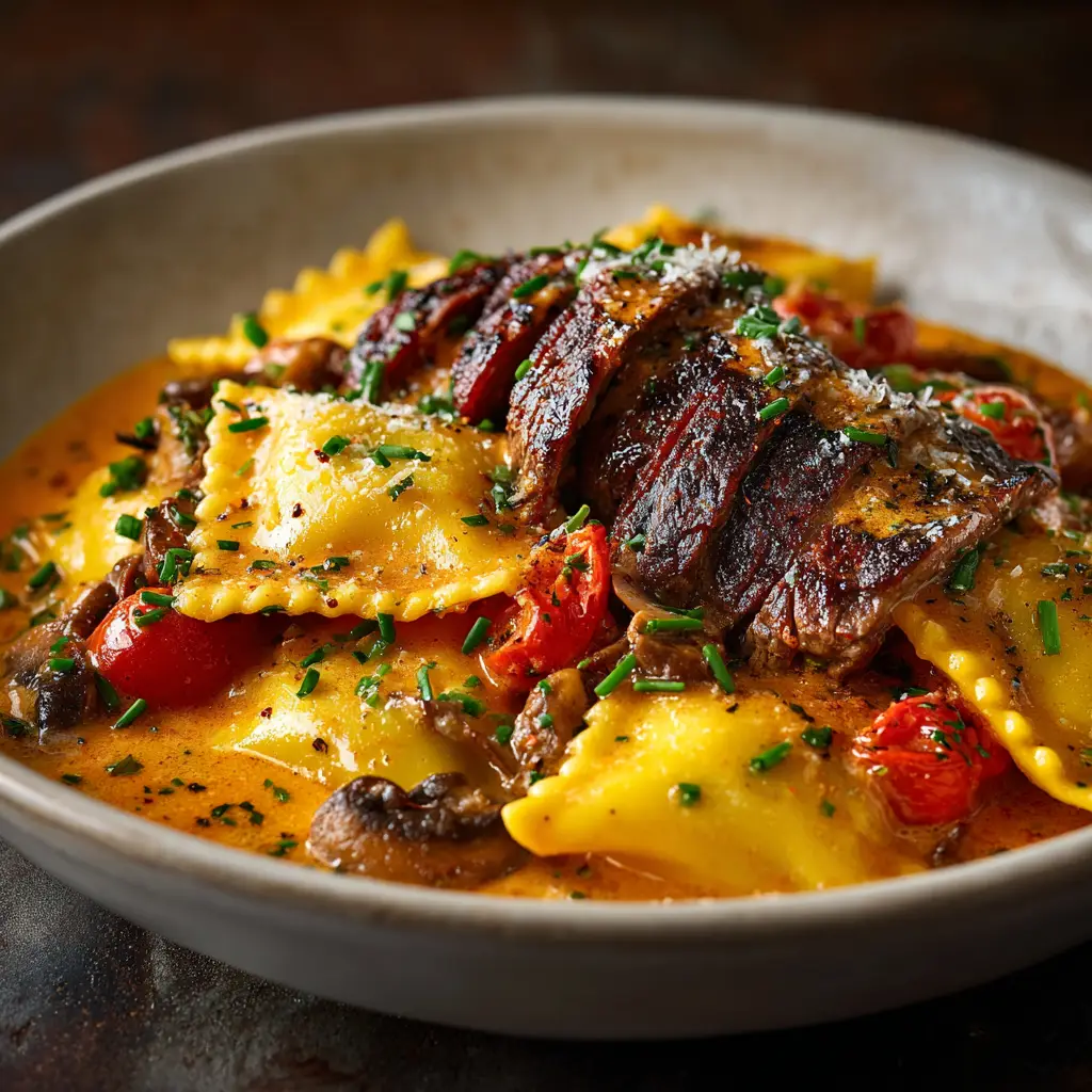 A fork lifting a piece of seared steak and a cheese ravioli from a plate, both coated in a garlic cream sauce. The background shows the rest of the delicious meal.