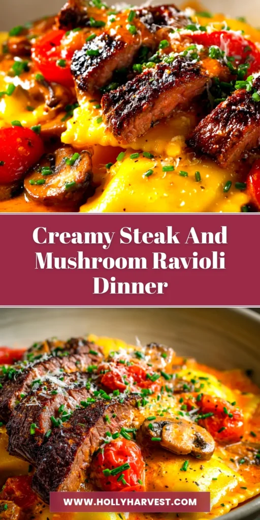 A beautiful plate of steak and ravioli in a creamy parmesan sauce, garnished with fresh parsley. The steak is perfectly seared and sliced, resting on a bed of plump ravioli.