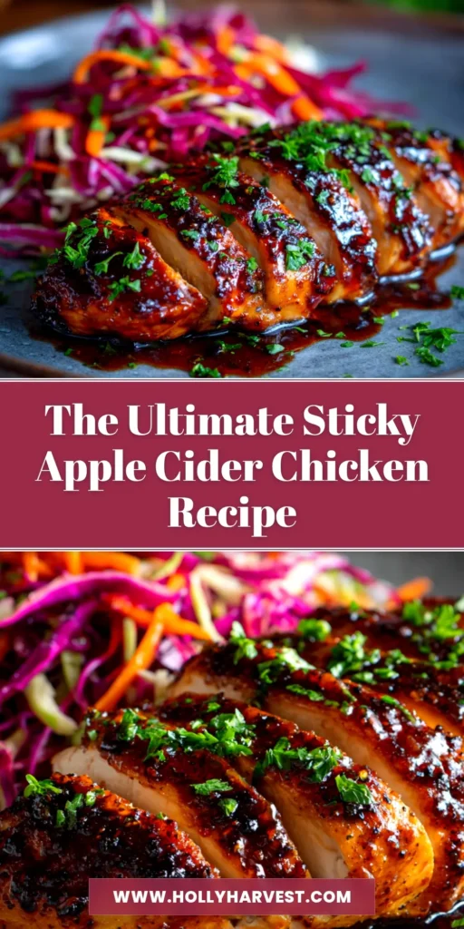 A beautiful overhead shot of Sticky Apple Cider Chicken in a cast iron skillet, garnished with fresh thyme. The perfect easy fall dinner recipe.