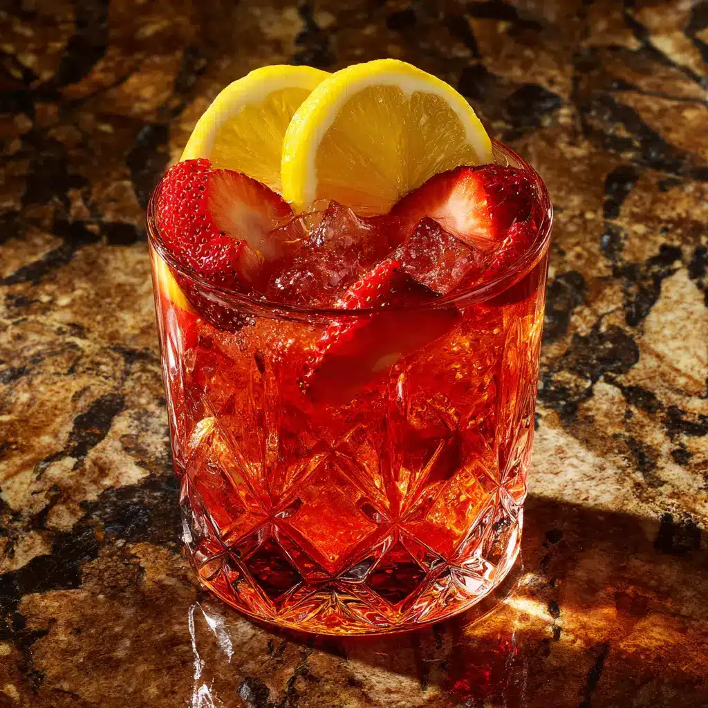 A close-up shot of the vibrant ingredients for a fresh strawberry lemonade cocktail, including ripe strawberries and lemons.