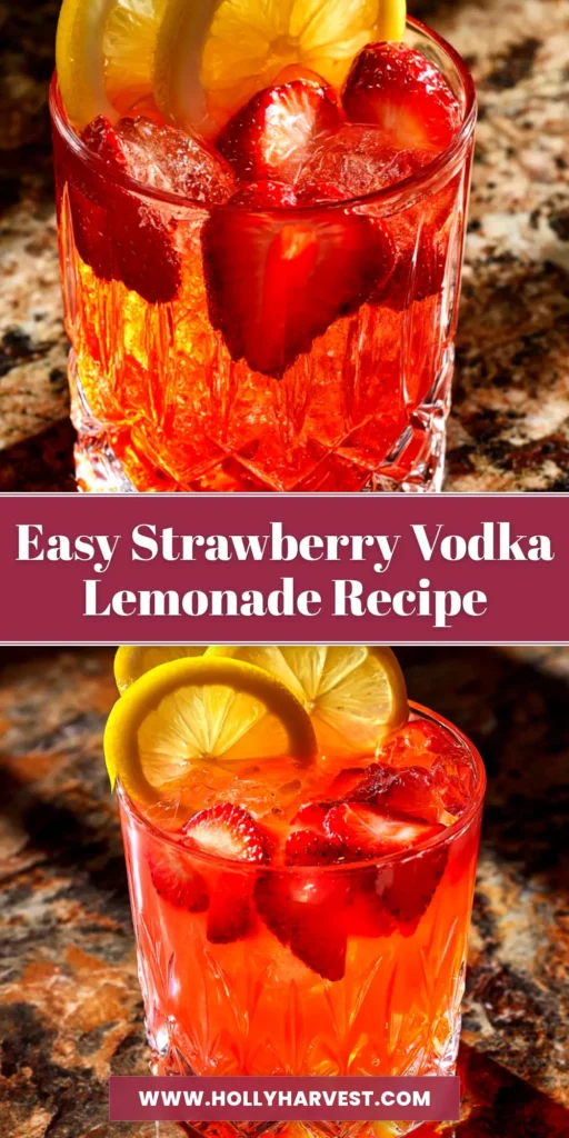 A tall glass of vibrant pink Strawberry Vodka Lemonade, garnished with a fresh strawberry and a lemon wheel, ready to be pinned.