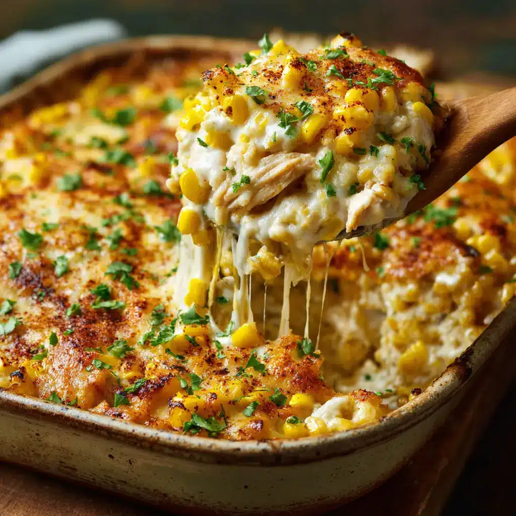The Street Corn Chicken Casserole mixture in a baking dish before being cooked, topped with shredded cheese and ready for the oven.