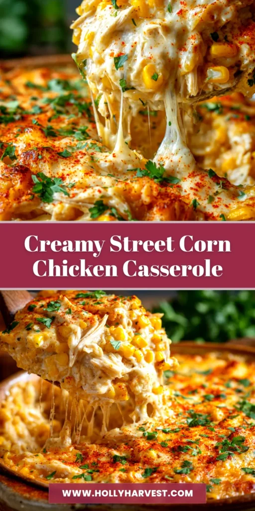 A delicious and creamy Street Corn Chicken Casserole in a baking dish, garnished with fresh cilantro and cotija cheese. This easy elote-inspired recipe is the perfect weeknight dinner.