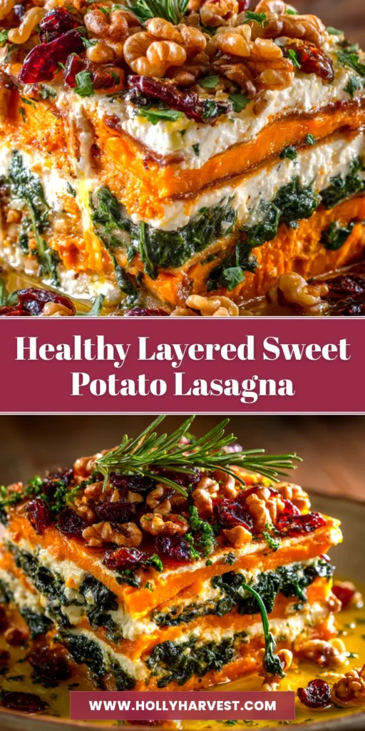 A close-up of a serving of delicious Sweet Potato Lasagna, showcasing the vibrant layers of sweet potato, savory meat sauce, and melted golden-brown cheese. | Holly's Harvest