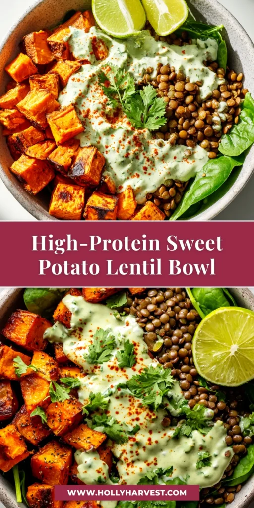 A vibrant and healthy Sweet Potato Lentil Bowl, beautifully assembled and drizzled with a creamy dressing. The title 'Sweet Potato Lentil Bowl' is overlaid in a stylish font.
