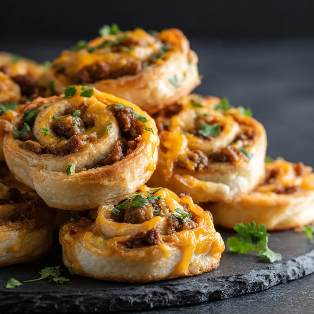 A single taco pinwheel displaying the spiral of the tortilla and the texture of the creamy taco filling inside.