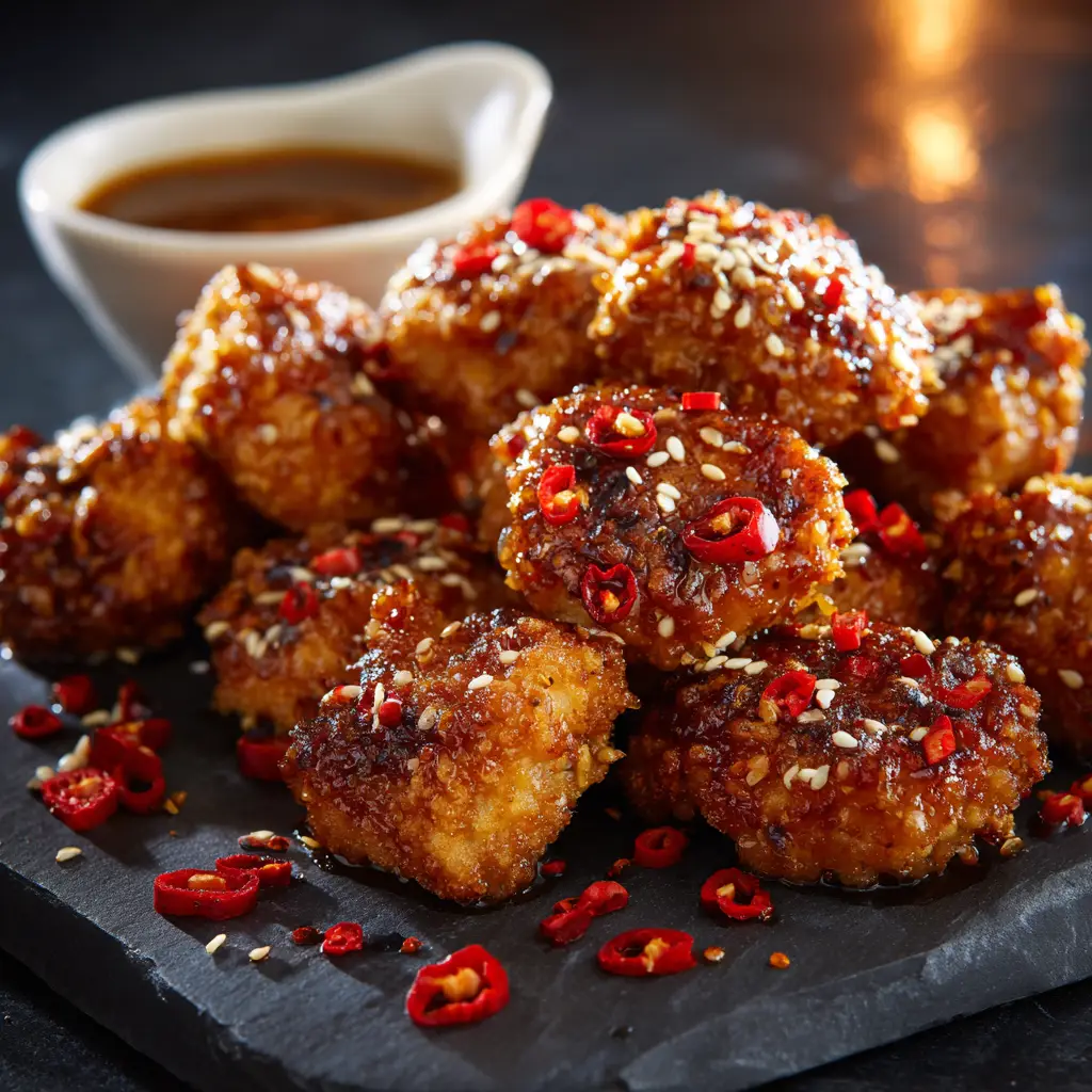 Sweet & Spicy Chicken Bites: The Ultimate Easy Recipe 2 A close-up, eye-level shot of crispy baked chicken bites being tossed in a sweet and spicy sauce in a large bowl.