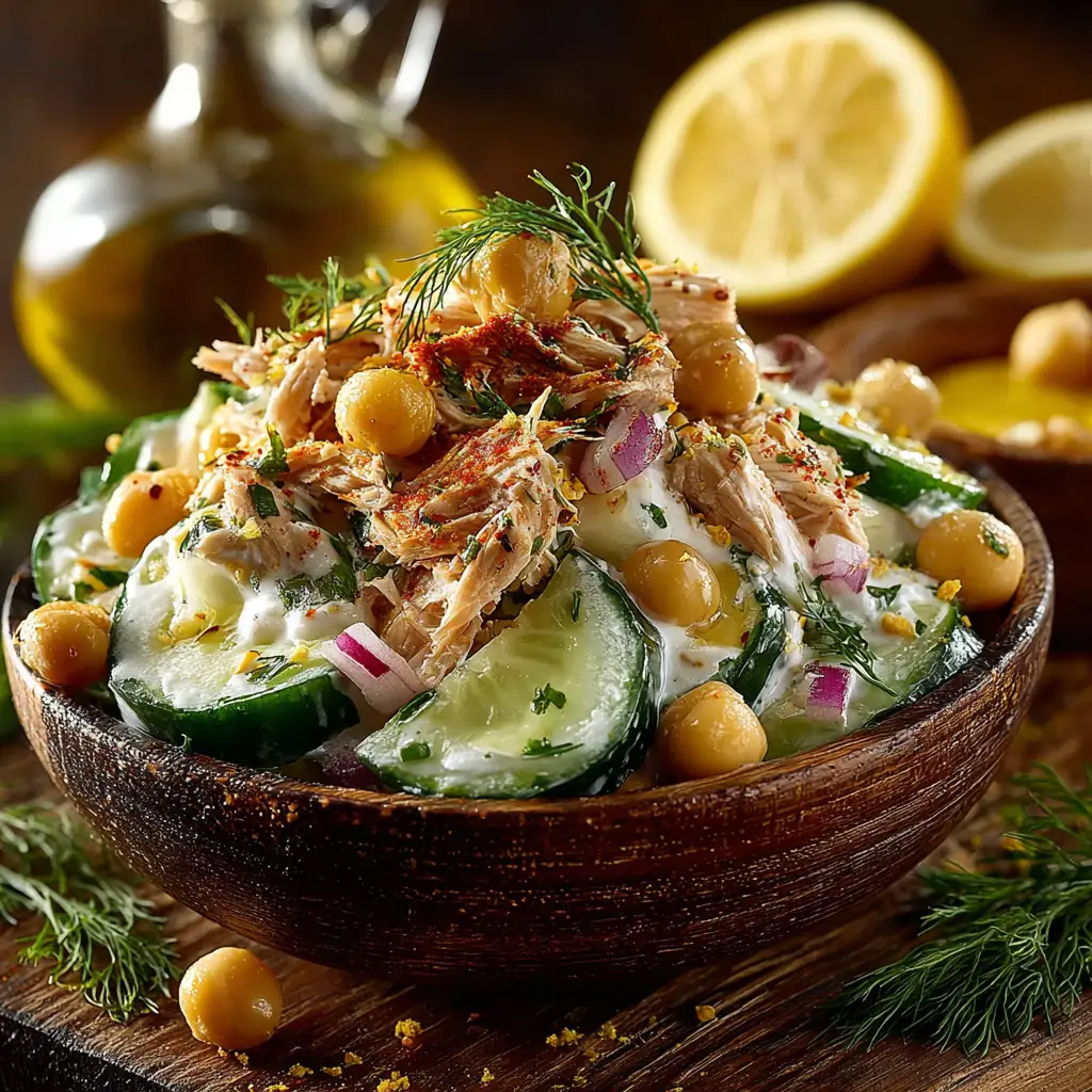 A large bowl of tuna garbanzo bean salad being tossed with a zesty lemon vinaigrette dressing.