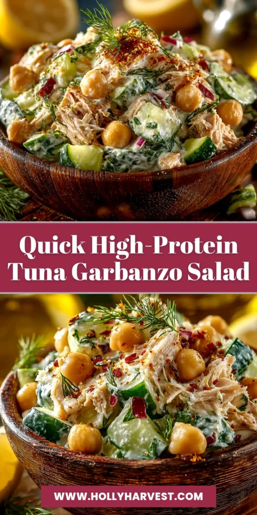 A close-up overhead shot of a vibrant Tuna Garbanzo Bean Salad in a white bowl, ready to be shared on Pinterest.