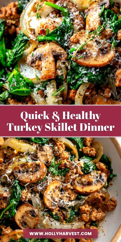 A delicious Turkey Spinach Mushroom Skillet in a cast iron pan, ready to be served. This one-pan ground turkey recipe is perfect for a quick and easy weeknight dinner.