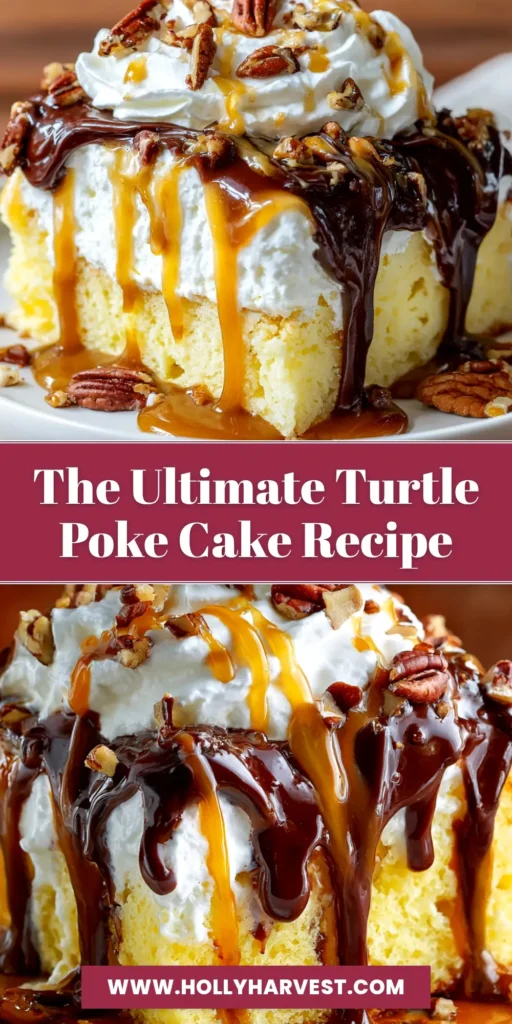 A slice of Turtle Poke Cake on a white plate, showing layers of moist chocolate cake, caramel filling, and a whipped topping with pecans and toffee bits. The full cake is in the background.