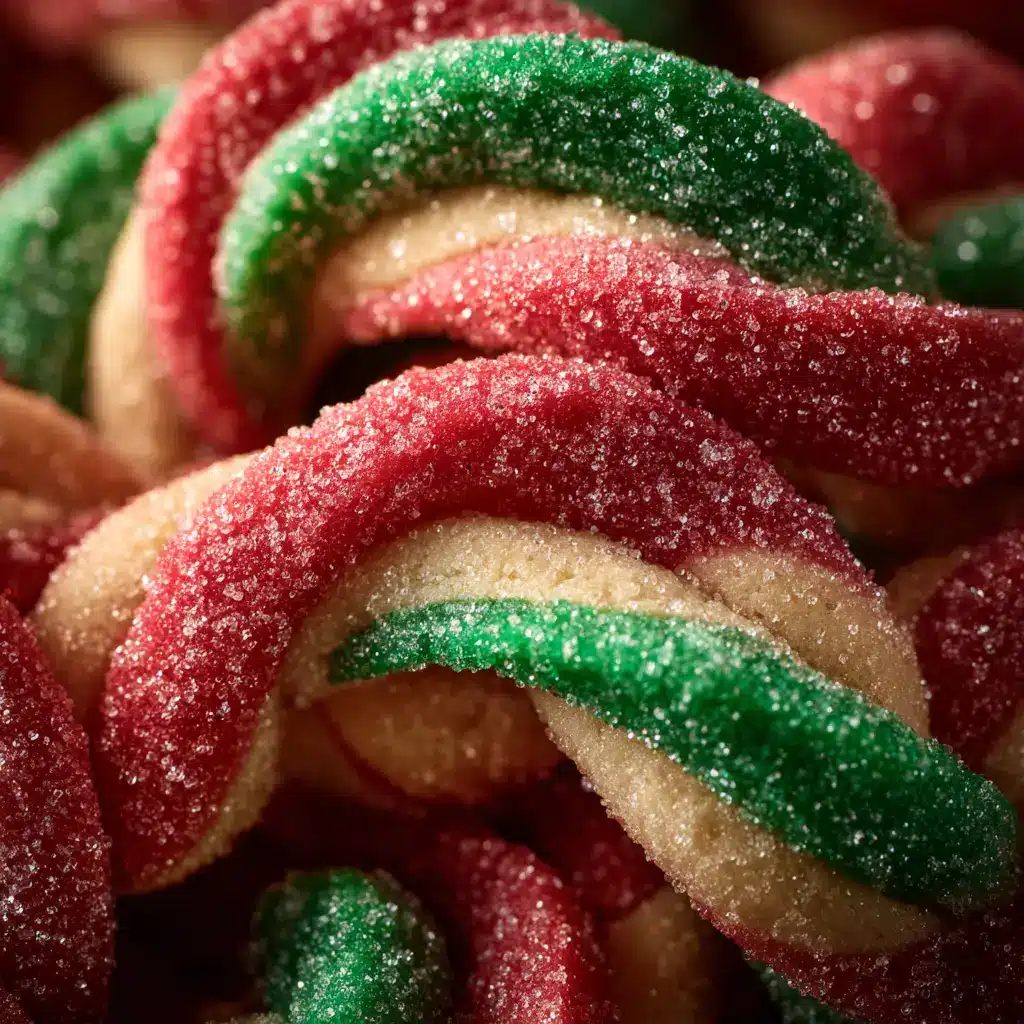 A batch of unbaked twisted Christmas cookie dough ropes on a baking sheet.