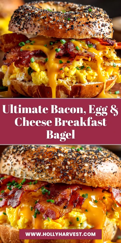 A perfectly assembled Breakfast Bagel Sandwich with crispy bacon, a fried egg, and melted cheese on a toasted everything bagel, ready to be eaten.