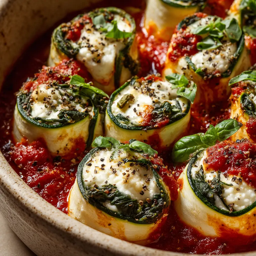 Vegan Zucchini Spinach Rollatini: The Ultimate Comfort Dish 2 An extreme close-up of a single vegan zucchini roll-up, showing the creamy cashew and spinach ricotta filling swirled inside the tender zucchini.