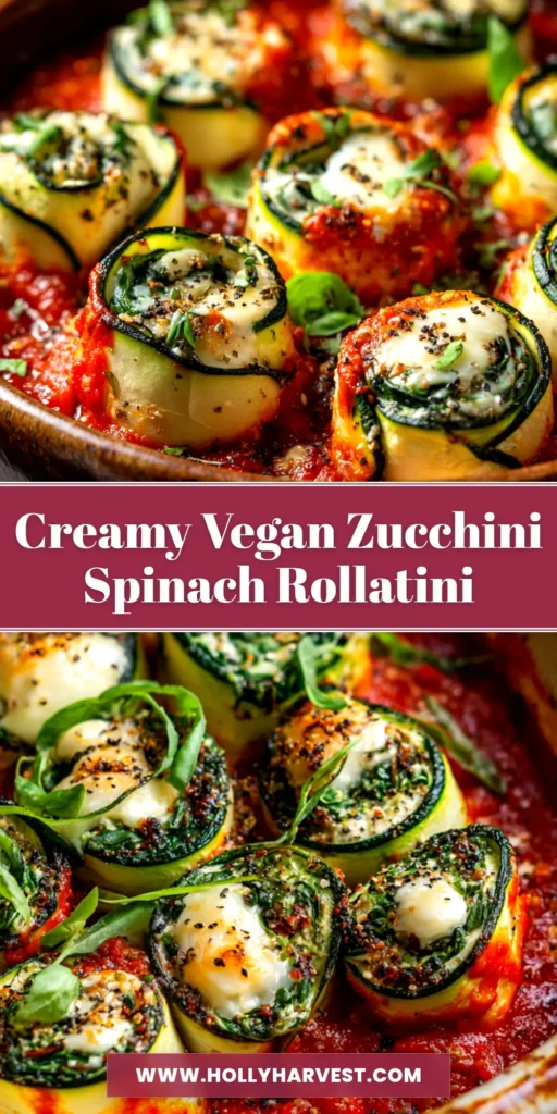 Vegan Zucchini Spinach Rollatini: The Ultimate Comfort Dish 4 A top-down view of baked Vegan Zucchini Spinach Rollatini in a white baking dish, topped with fresh basil. The zucchini rolls are nestled in a rich red marinara sauce.