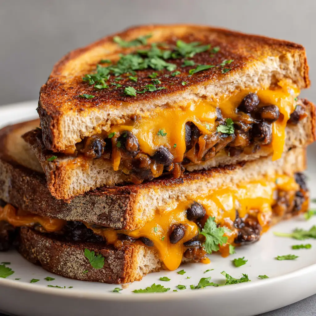 A vegetarian grilled cheese with a black bean filling, served next to a small bowl of tomato soup for the perfect comfort food pairing.
