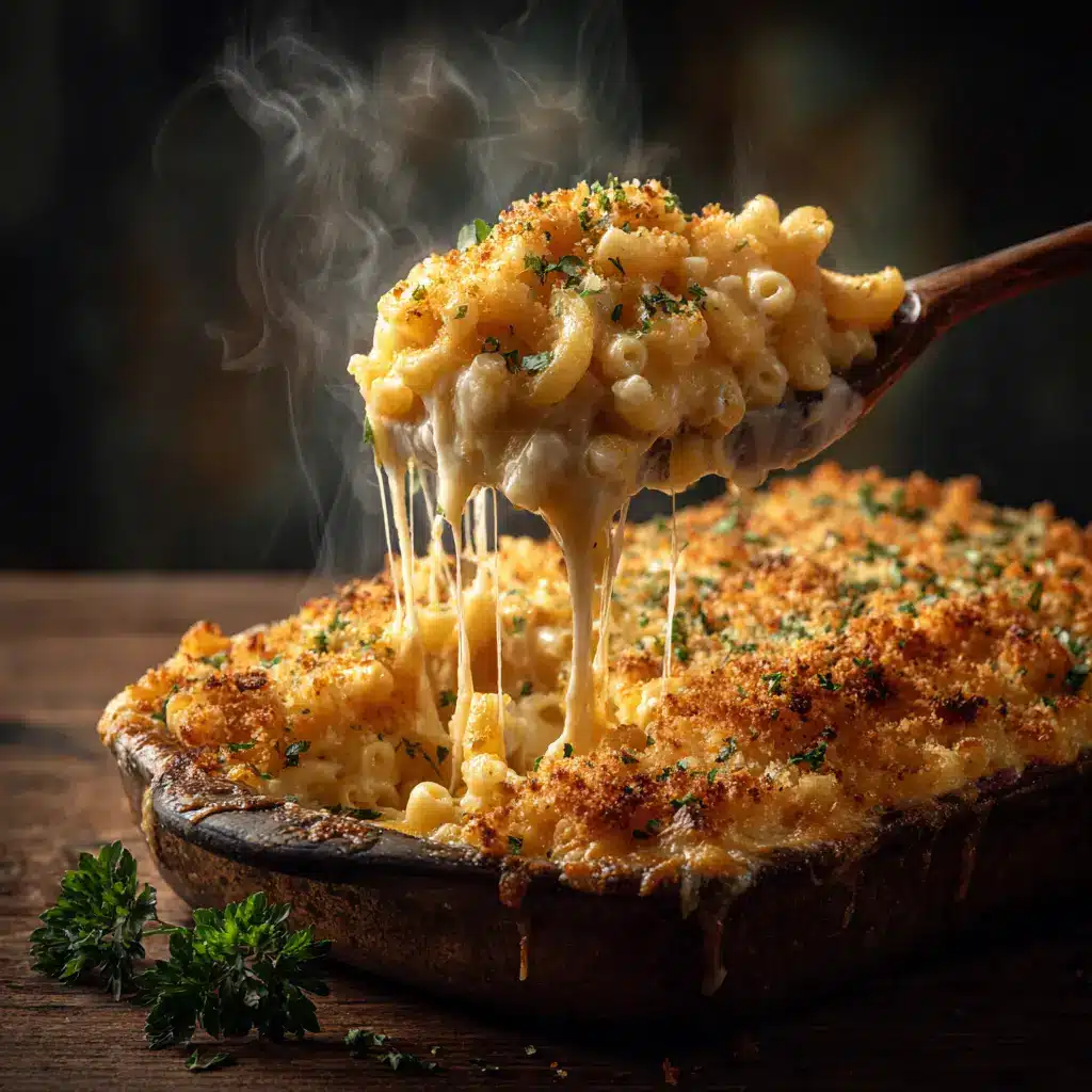 The cheese sauce for baked mac and cheese being stirred in a saucepan, showcasing its smooth and velvety texture before baking.