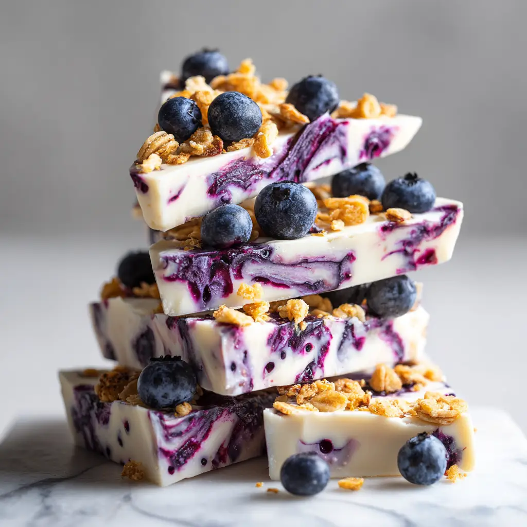 An overhead view of Blueberry Frozen Cottage Cheese Bark broken into pieces, ready to be served.