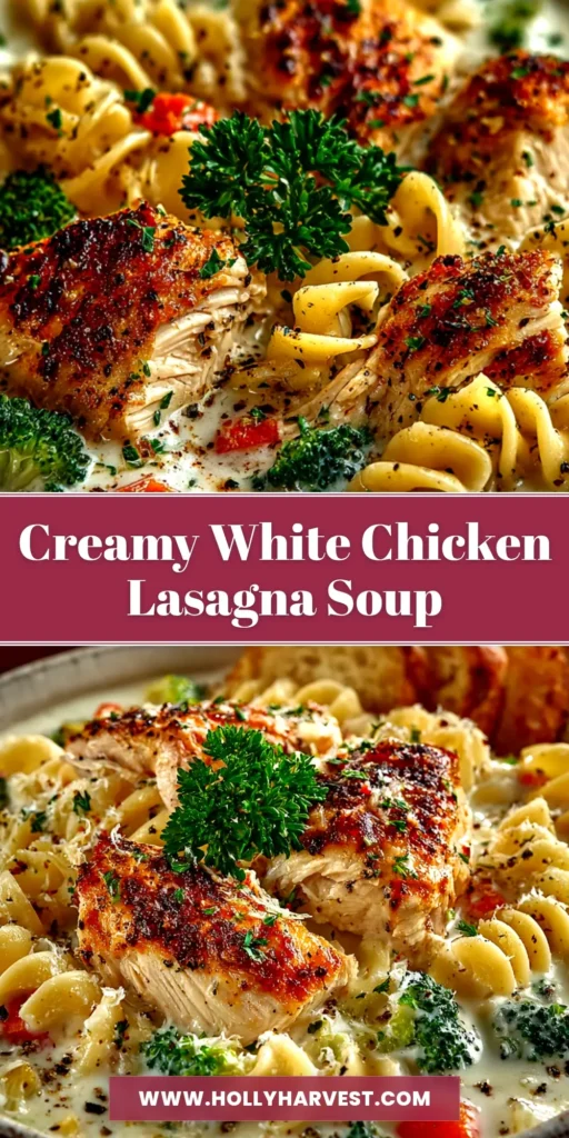 A bowl of creamy White Chicken Lasagna Soup topped with mozzarella and fresh parsley, with a spoon ready to dig in.