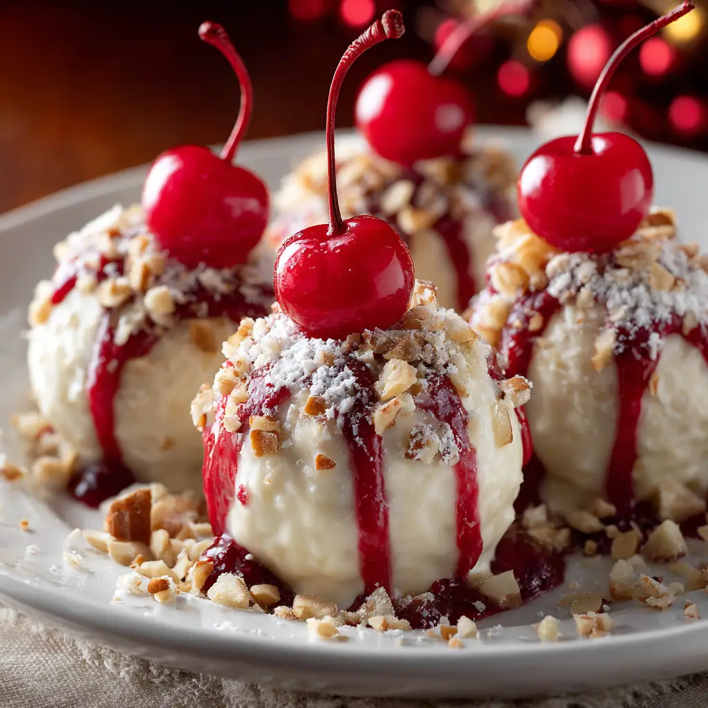 Christmas Cherry Bombs: The Perfect No-Bake Holiday Treat 2 A collection of white chocolate cherry truffles, also known as Christmas Cherry Bombs, arranged beautifully on a rustic wooden board. Some are decorated with festive sprinkles.